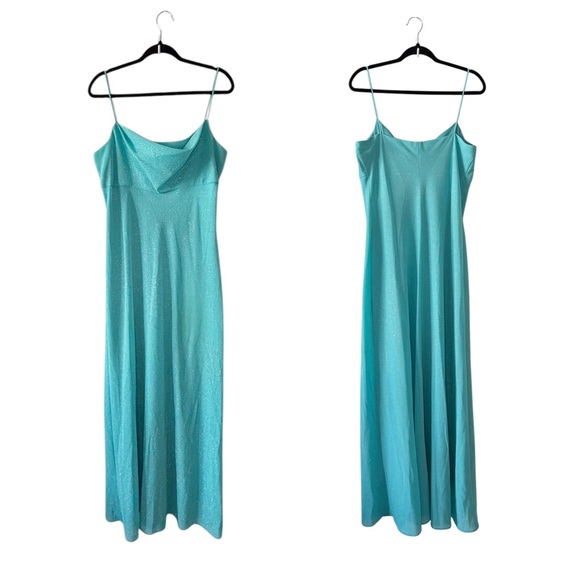 Vintage 90s Cowl Neck Sparkly Aqua Blue Fairy Maxi Prom Dress - Picture 1 of 6